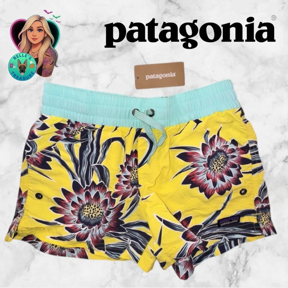 Patagonia Swim Shorts Girl's Medium Costa Rica Floral Yellow Kids Baggies Trunks